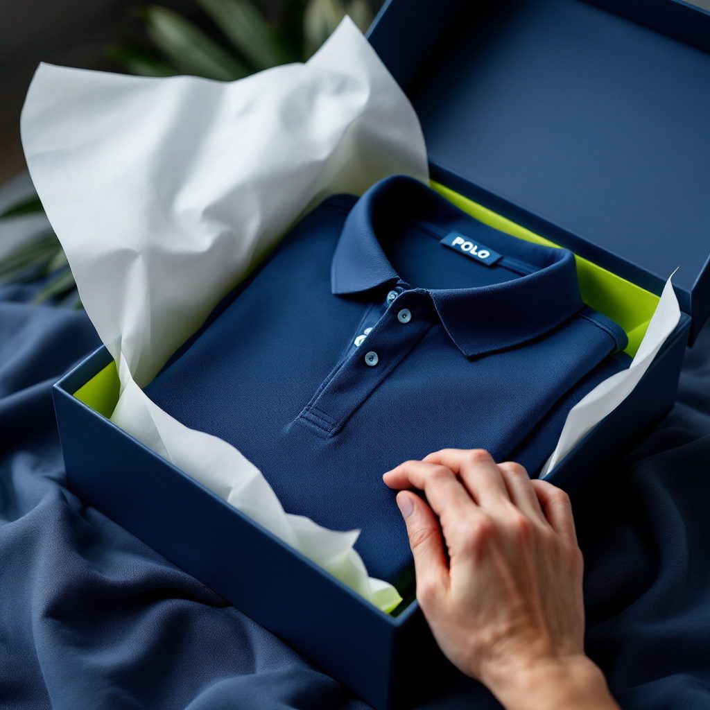 A polo being wrapped in tissue inside a gift box