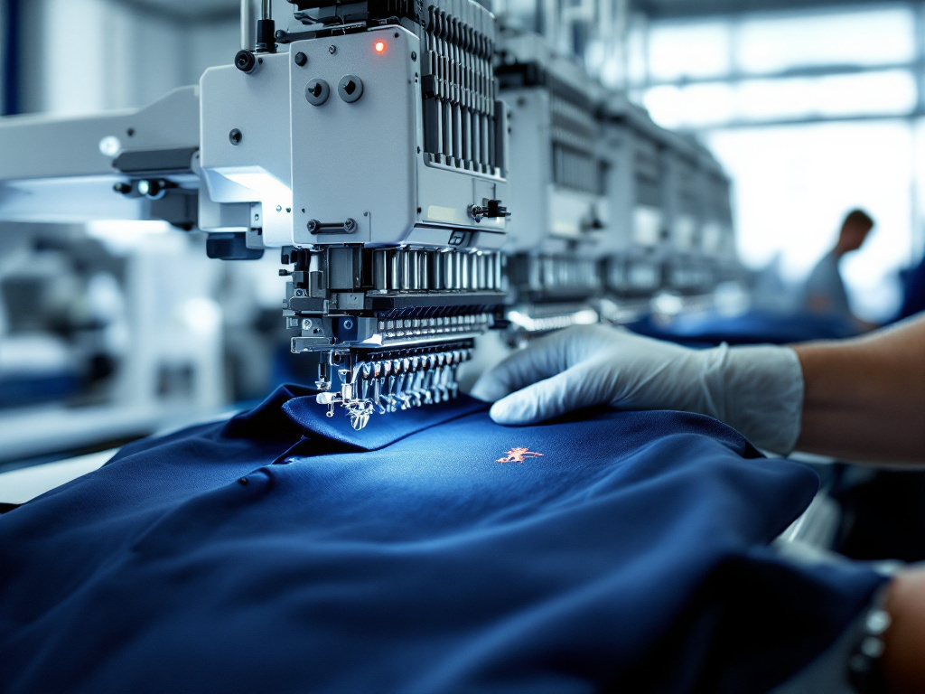 A multi-head embroidery machine stitching a tonal mark onto a navy piqué polo on our production floor