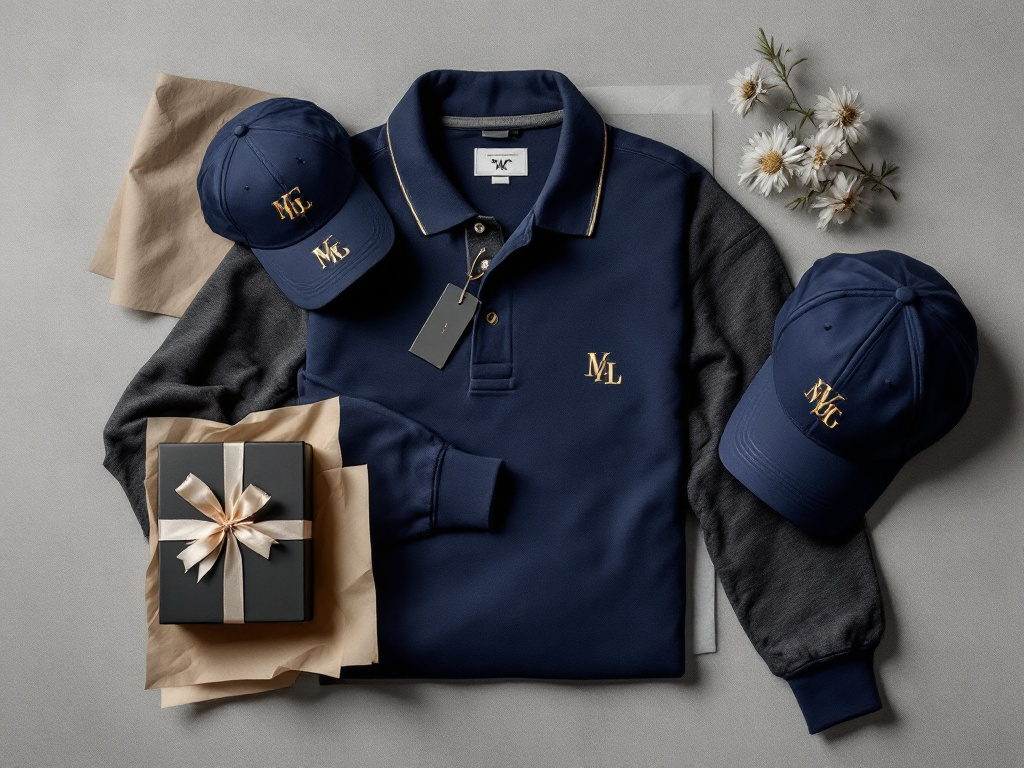 Overhead flat lay of a navy and charcoal collection with brass-thread monograms and a recyclable board box