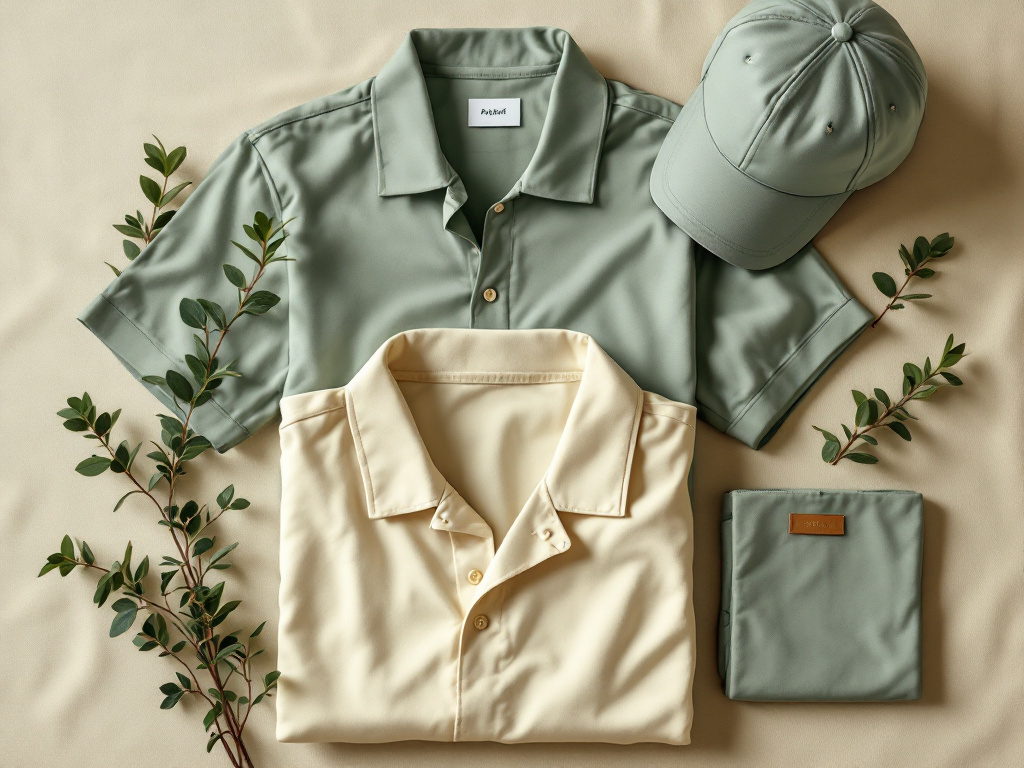 Overhead flat lay of a sage green and cream hotel staff collection with piqué polo, hoodie and cap on warm linen