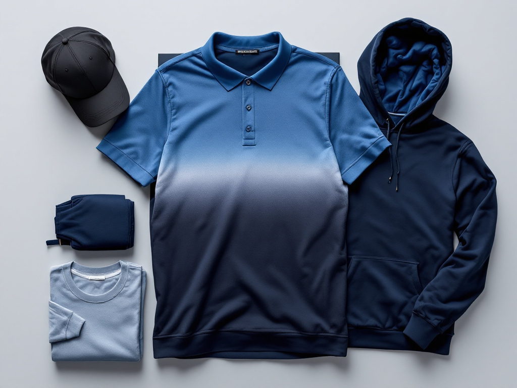 Overhead flat lay of the Exhibition Capsule: gradient-embroidered polo, navy hoodie, black cap and tee with paper name bands