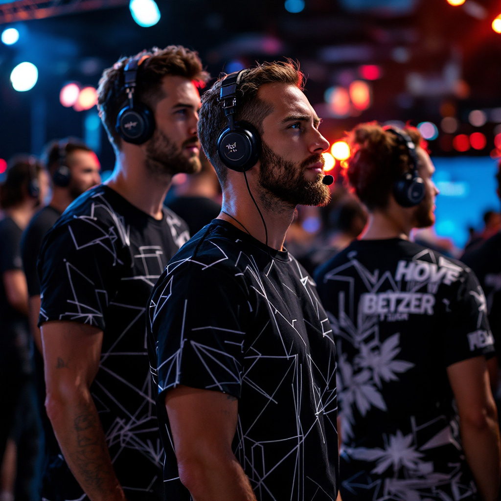 Event crew in black geometric-print tees coordinating backstage with headsets
