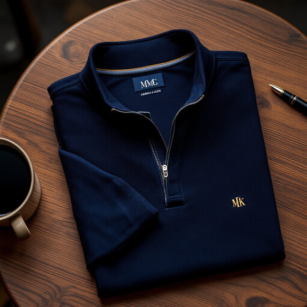Navy piqué polo with a brass-thread monogram folded on a walnut desk