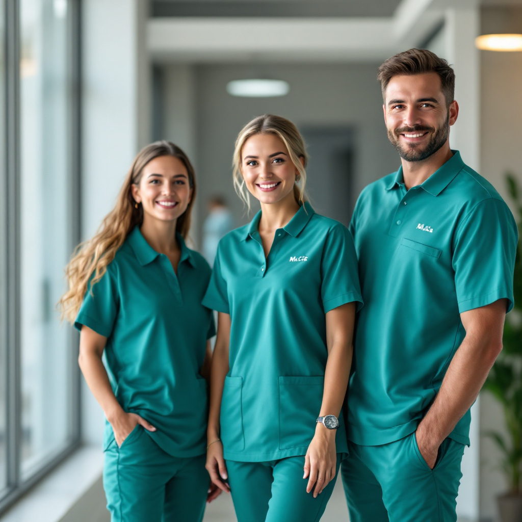 Healthcare front-desk team in soft teal piqué polos at a clinic reception