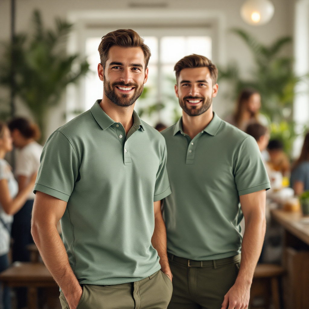 Hotel staff in sage piqué polos and hoodies in a sunlit lobby