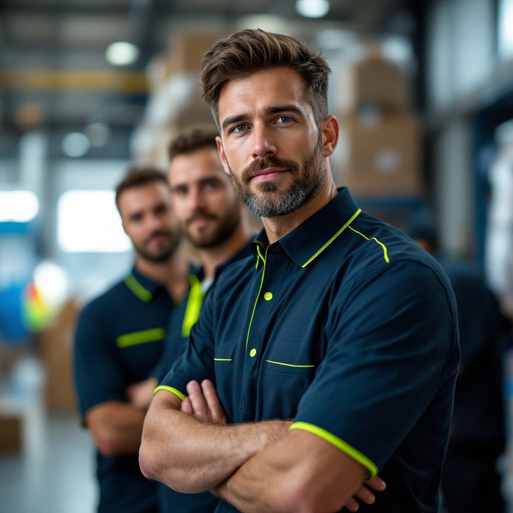 Logistics crew in navy piqué polos with lime accents in a modern warehouse
