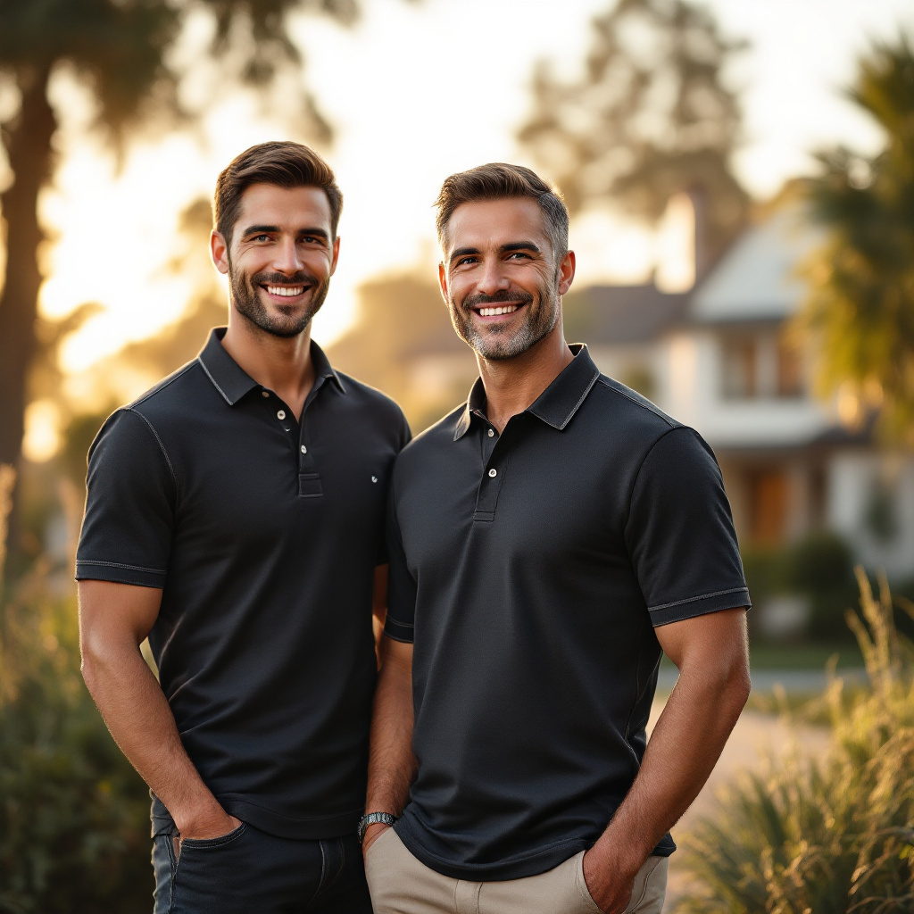 Real estate agents in charcoal piqué polos outside a luxury property at golden hour