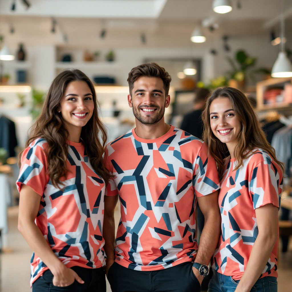 Retail store team in matching coral printed t-shirts on a shop floor