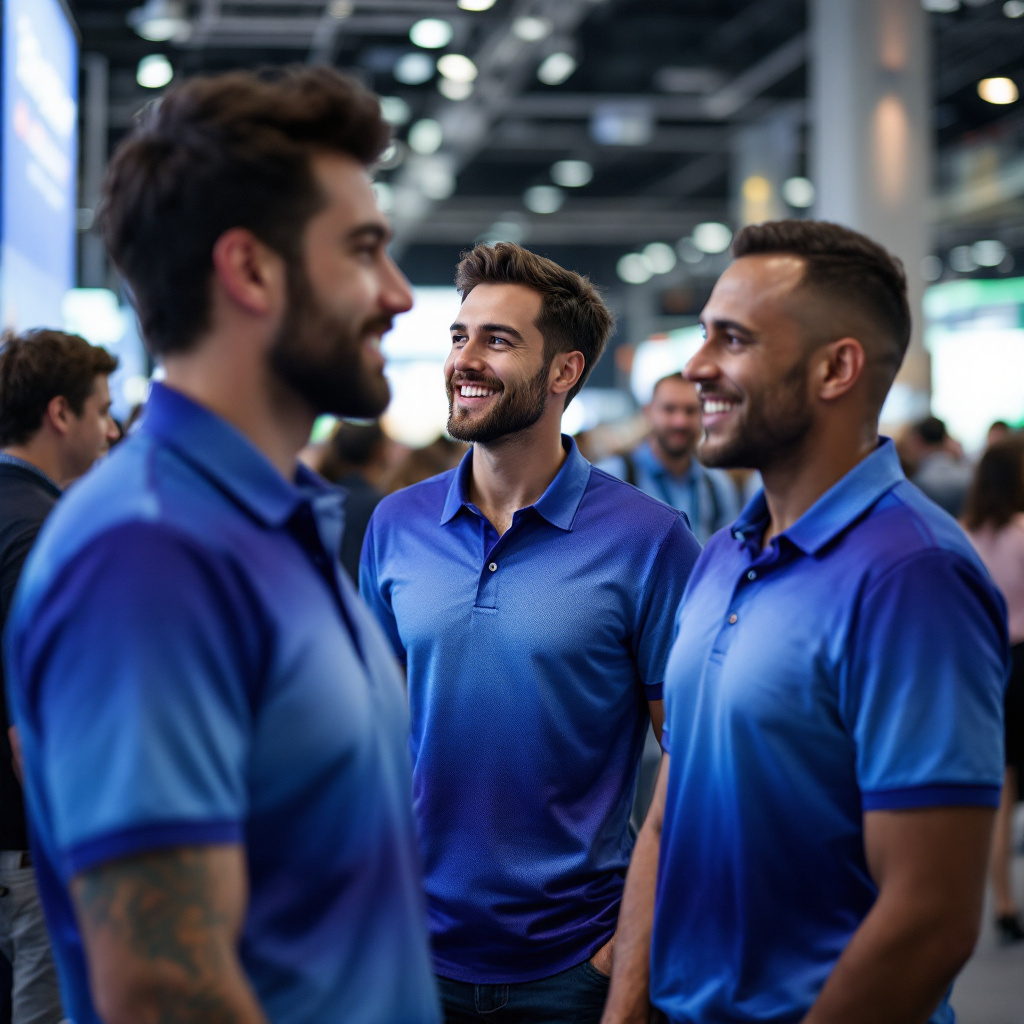 Tech booth team in matching embroidered gradient polos at an expo hall
