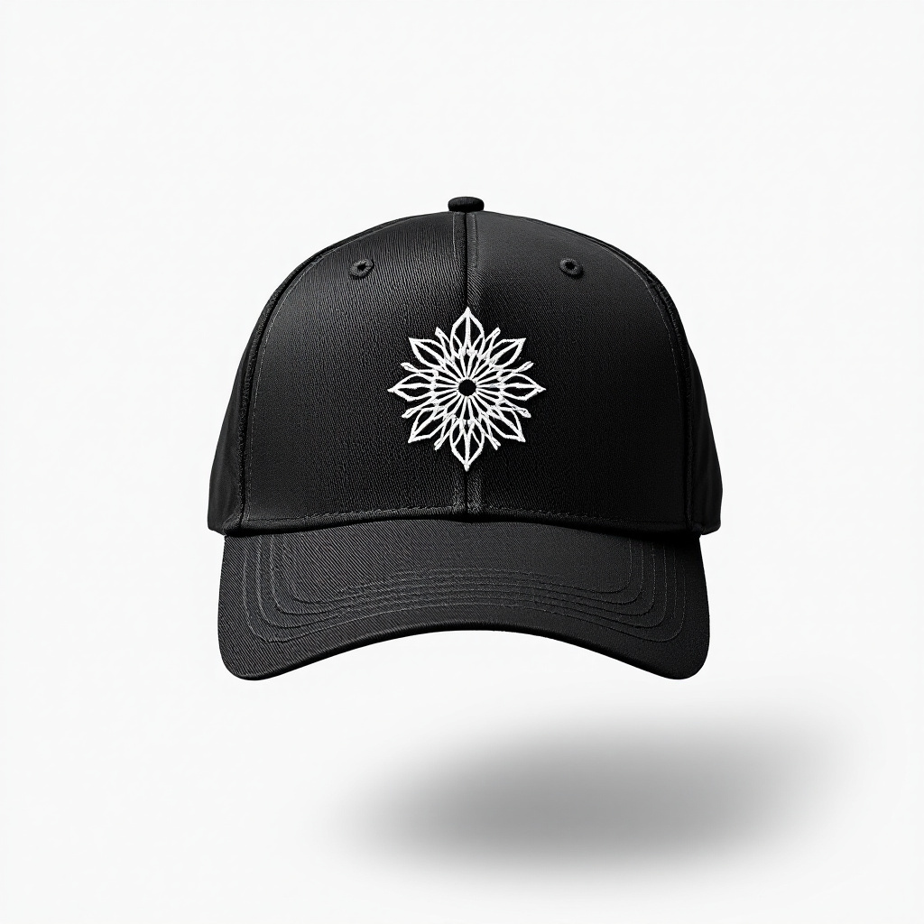 Black structured cap with a white embroidered mark on the front panel