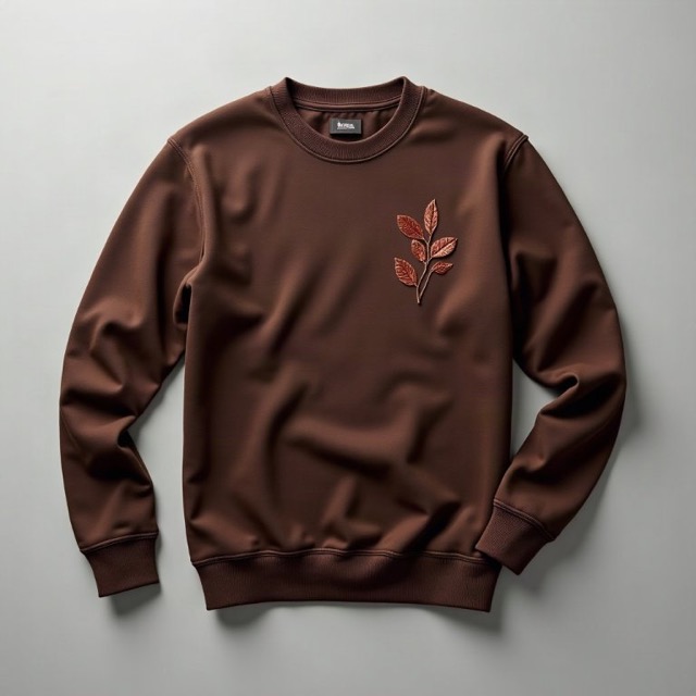 Copperleaf Coffee espresso brown crewneck with an embroidered copper branch