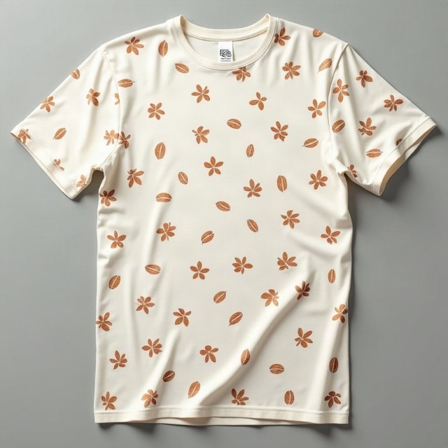 Copperleaf Coffee cream T-shirt printed with copper coffee leaves and beans