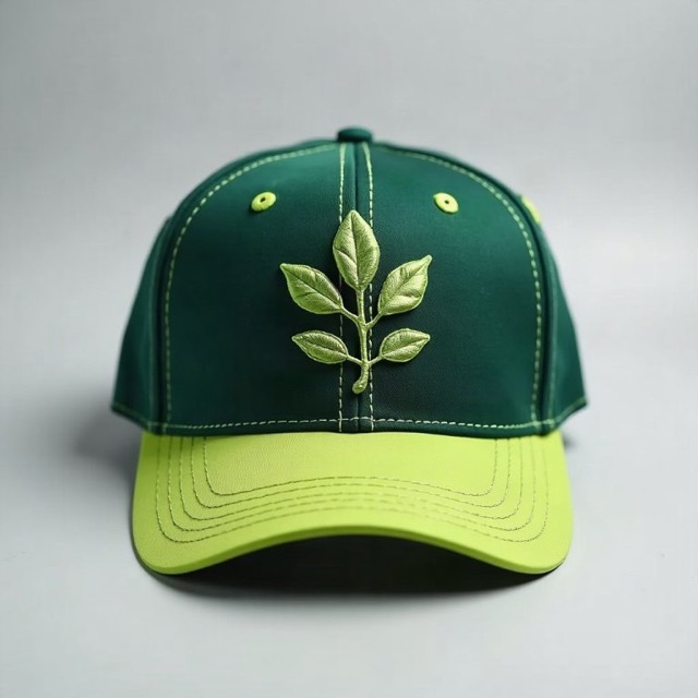 Greenline Landscapes forest green cap with a lime brim and an embroidered leaf
