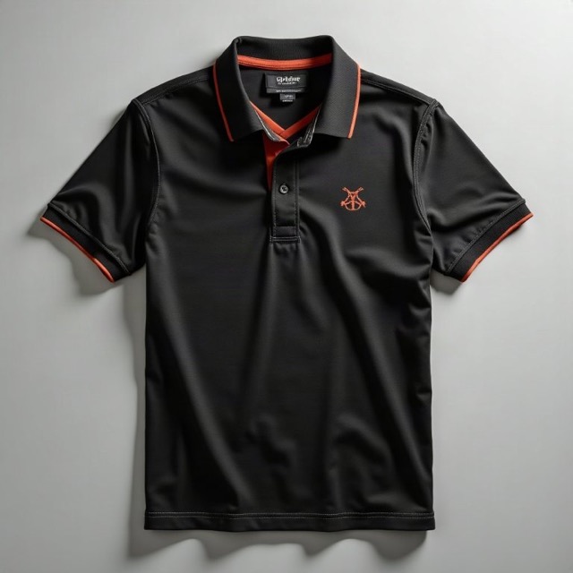 Hollis & Vale black pique polo with terracotta trim and a small chest mark