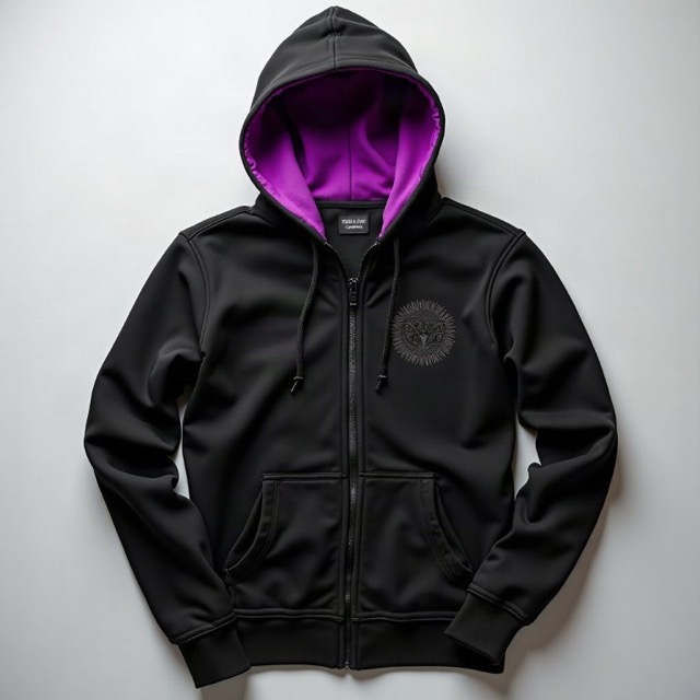 Northbeam Analytics black zip hoodie with a violet hood lining