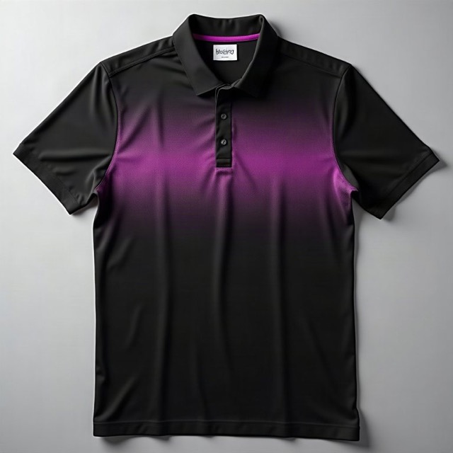 Northbeam Analytics black pique polo with a violet gradient band across the chest