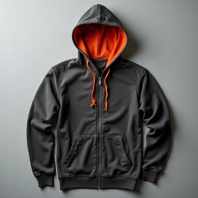 Ridgeline Climbing Co. charcoal zip hoodie with an orange hood lining