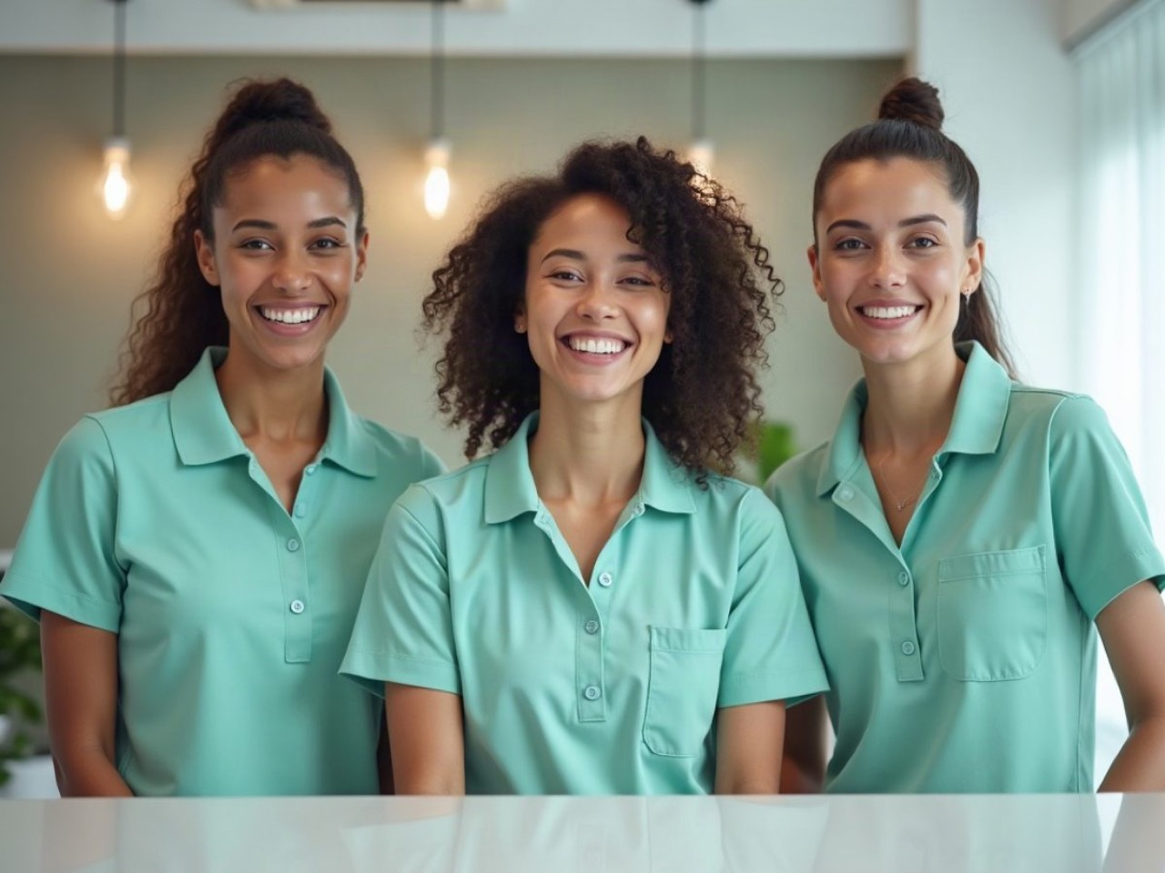 Three Brightwater Dental staff in seafoam pique polos at a clinic front desk