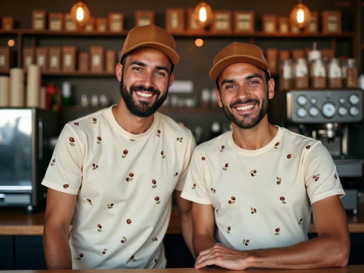 Two Copperleaf Coffee baristas in cream leaf-print T-shirts and brown caps behind the counter
