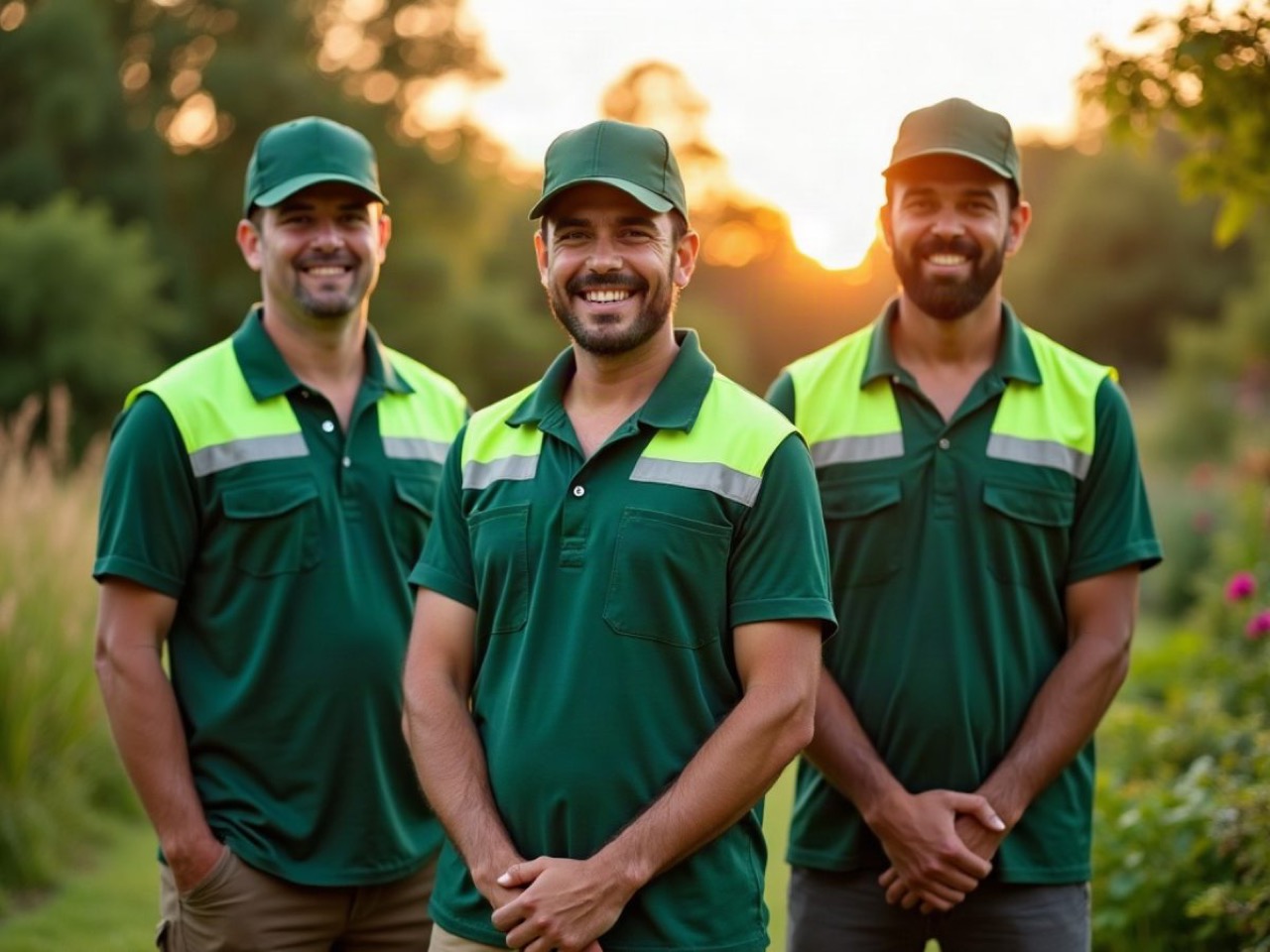Three Greenline Landscapes crew members in forest green polos with lime shoulders and matching caps