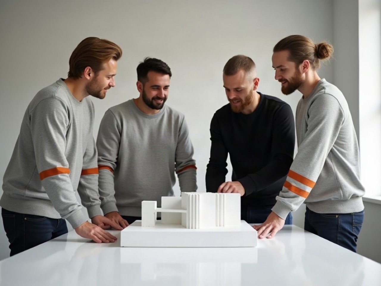 Four Hollis & Vale architects in stone crewnecks with terracotta sleeve stripes around a building model
