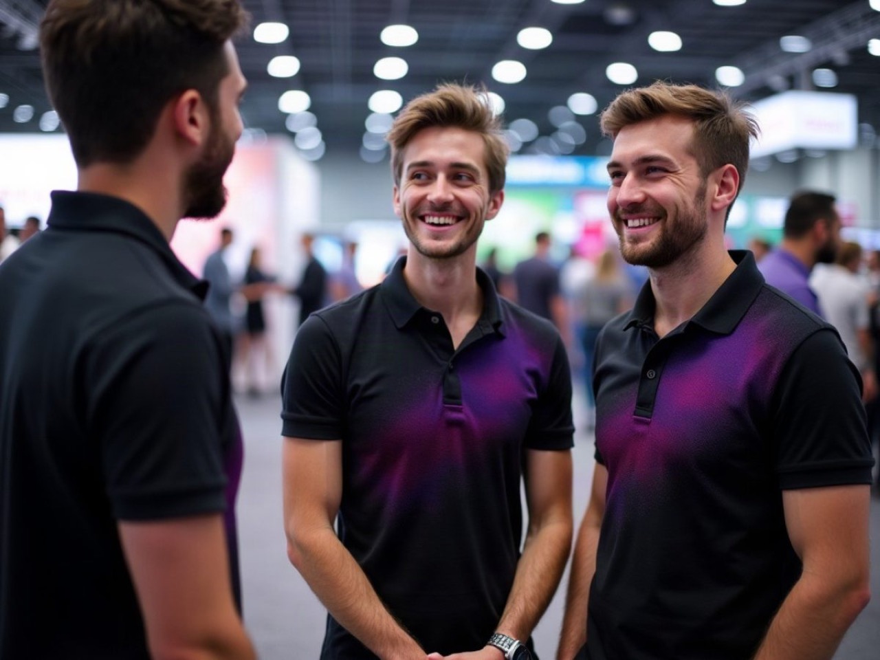 Northbeam Analytics team at a trade show in black polos with a violet gradient across the chest
