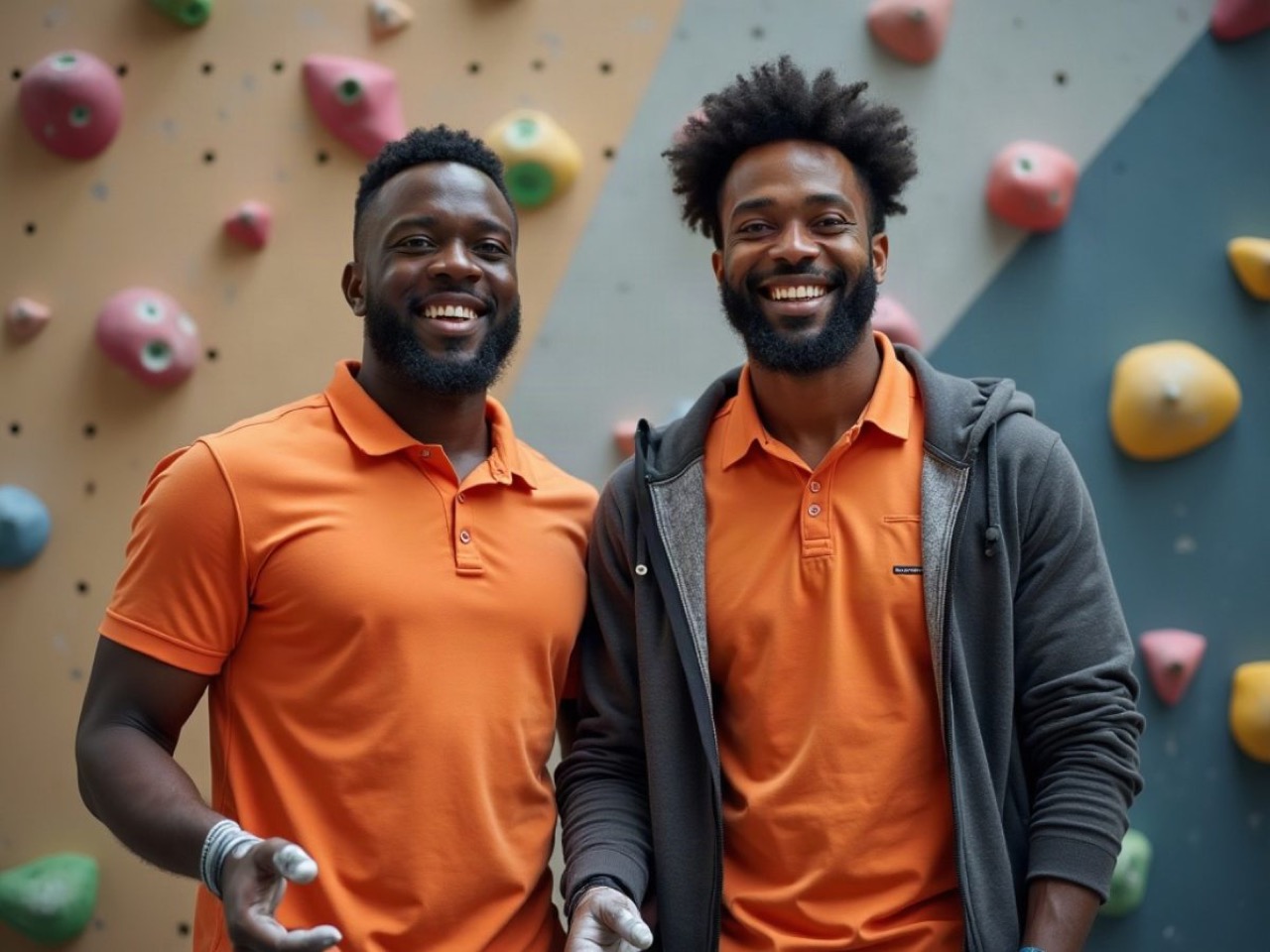 Two Ridgeline Climbing Co. staff in rust orange polos in front of a climbing wall