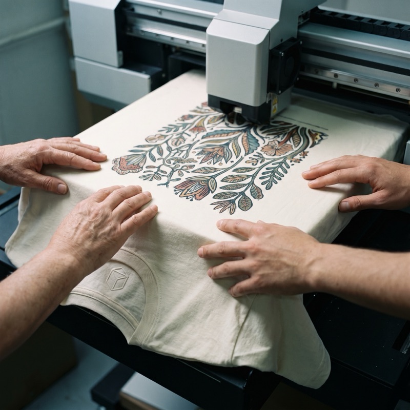 A DTG print head printing a full-color illustration onto a tee
