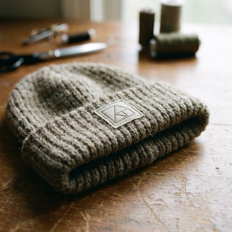 A knit beanie with a sewn-on patch on the cuff