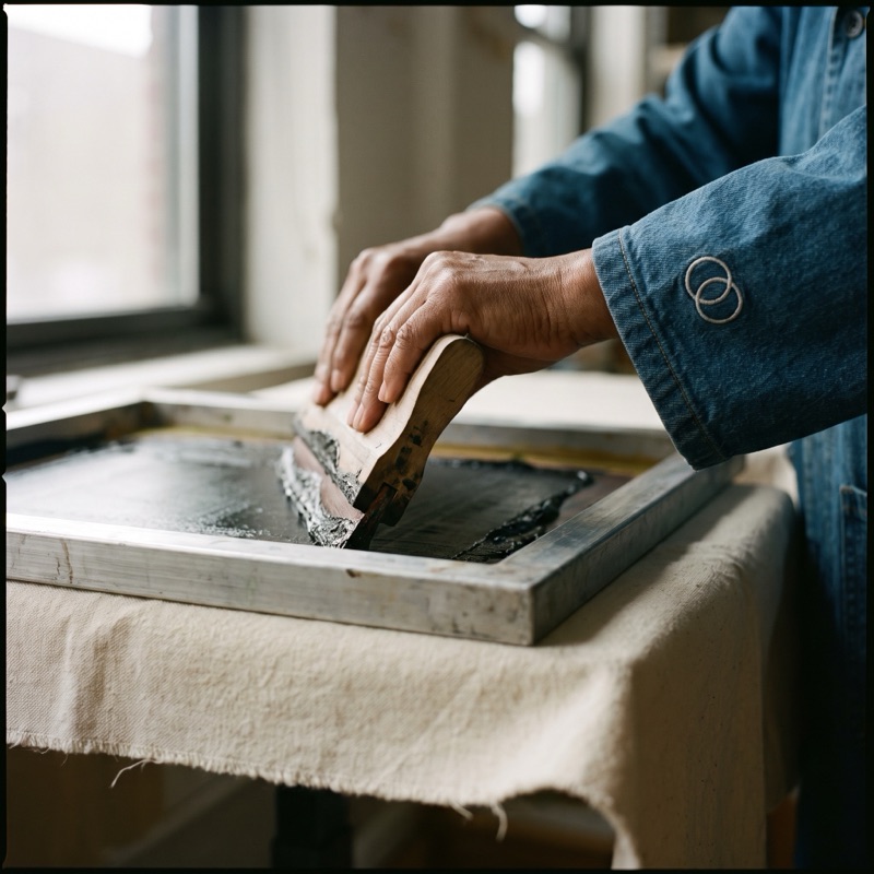 The squeegee pulling ink across a screen