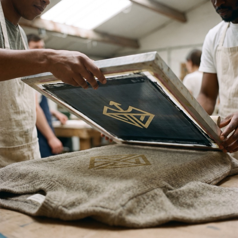 A screen lifting off a fresh one-color print
