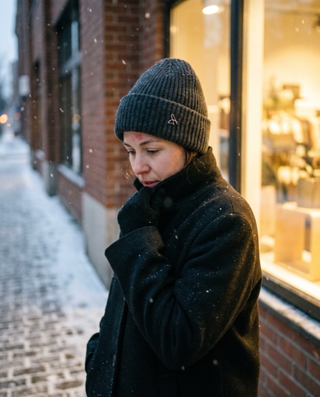 A woman in a charcoal knit beanie on a winter street