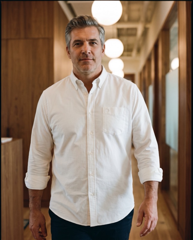 A man in a white oxford button-down shirt in a wood-panelled corridor