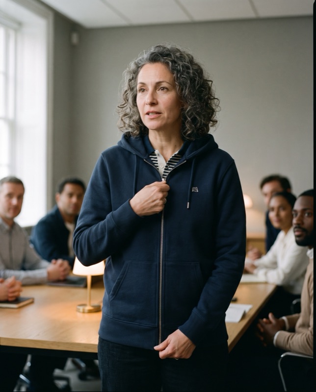 A woman in a navy zip hoodie in a meeting room