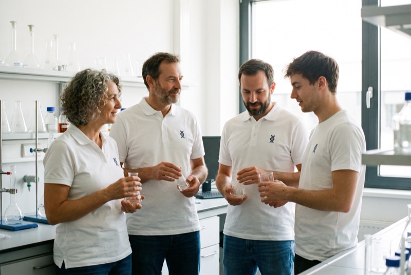 Four Aurelia Bio scientists in a lab in white polos with a navy embroidered helix