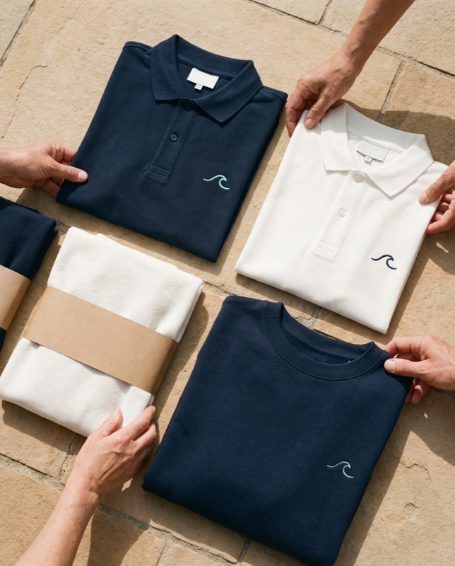 Flat lay of a navy polo and a navy crewneck with a seafoam wave mark and a white polo with a navy wave, on stone
