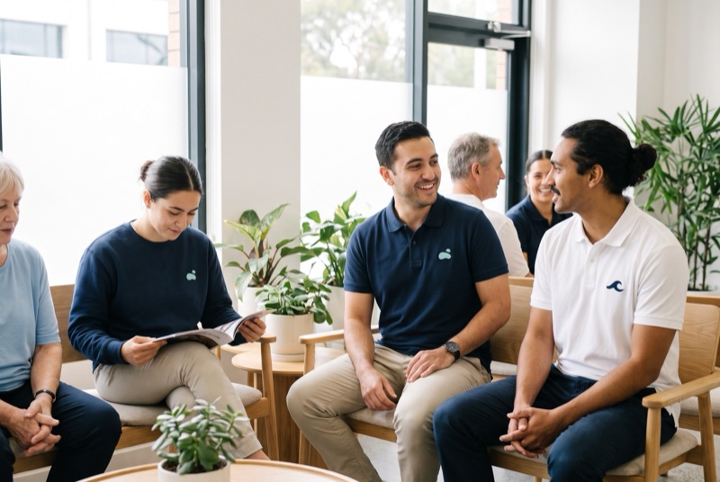 Brightwater Dental staff in a clinic waiting room in navy and white polos and a navy crewneck, each with a small wave mark