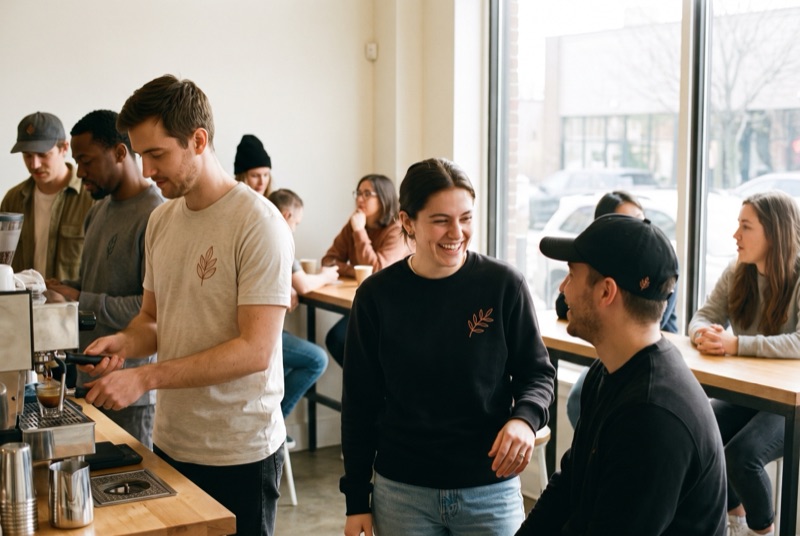 Copperleaf Coffee baristas at the espresso bar in a cream tee with a copper leaf, a black crewneck with a copper sprig and a black cap