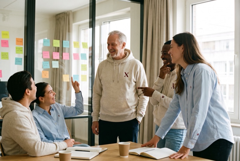Crest & Co. consultants at a workshop table in oatmeal hoodies with an oxblood serif mark and light-blue oxford shirts, sticky notes on the glass behind them