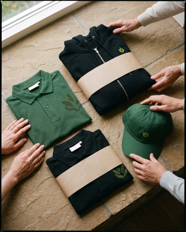 Flat lay of a forest green polo, a black zip hoodie and a black polo with leaf marks, and a green cap with a lime sprout, on stone