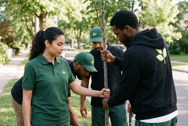 Greenline Landscapes crew planting a street tree in a forest green polo, green caps and a black hoodie with a lime leaf across the back