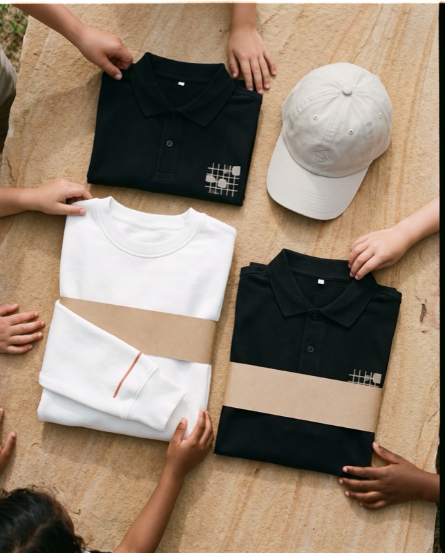 Flat lay of two black polos with a small grid mark, a white crewneck with a terracotta sleeve line and a stone cap