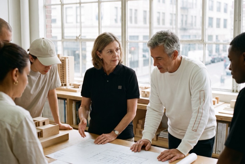 Hollis & Vale architects around a drawing table with wooden models, in a black polo with a small grid mark, a white crewneck with a terracotta sleeve line and a stone cap