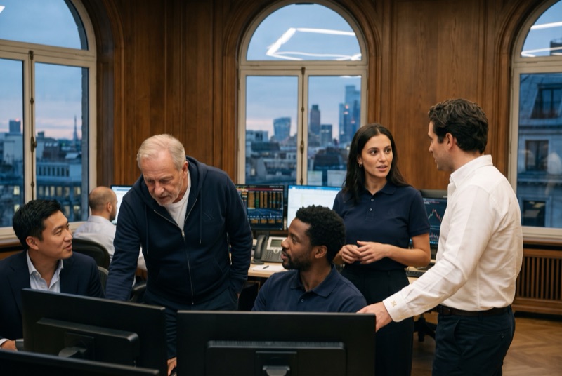 Meridian Capital staff on a trading floor at dusk in navy polos and a navy zip hoodie, gathered around a bank of screens