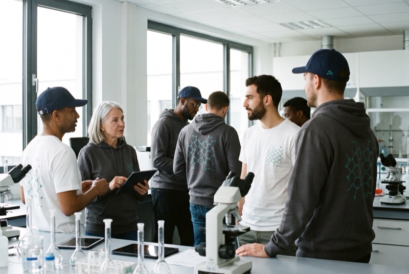 Northwind Labs researchers at a lab bench in white tees and charcoal hoodies printed with a teal molecular lattice, some in navy caps
