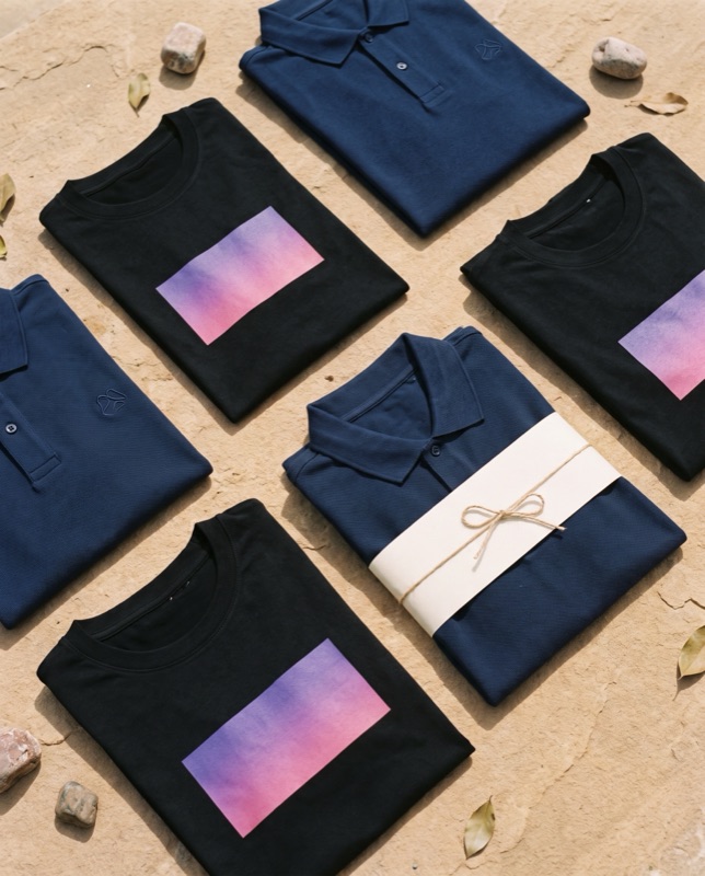 Flat lay of black tees printed with a purple-to-pink gradient and navy polos with a tonal embroidered mark, on stone