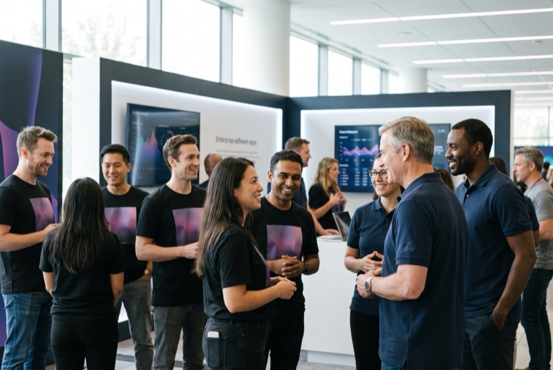 Poly9 staff at an enterprise software expo stand in black tees with a purple-to-pink gradient print and navy polos