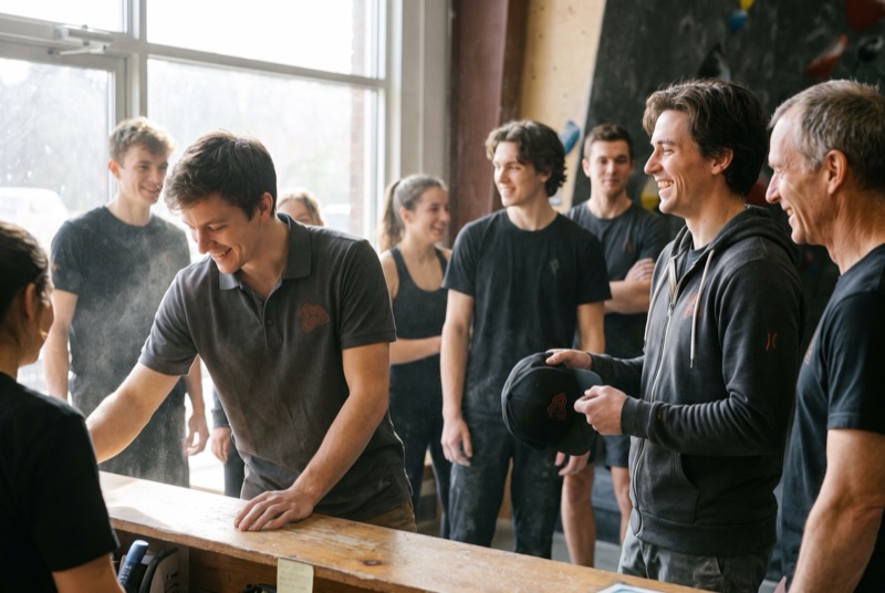 Ridgeline Climbing Co. staff at a climbing gym front desk in a charcoal polo with a rust topographic mark, a charcoal zip hoodie and a black cap