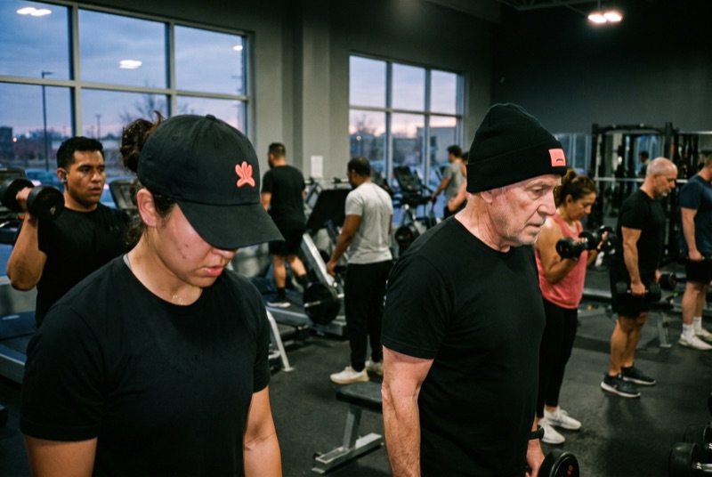 People training at a Summit Fitness gym in black tees, one in a black cap with a coral mark and one in a black beanie with a coral label patch