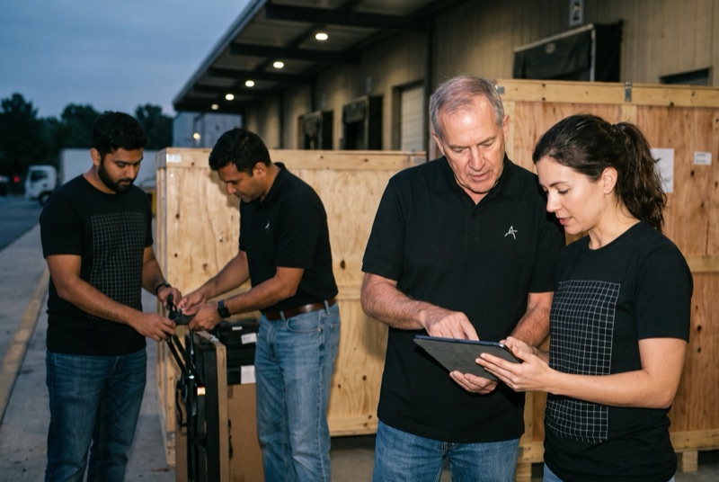 Vantage Systems engineers on a loading dock at dusk in black tees with a grid print on the chest and black polos with a small white mark